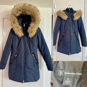 INC International Concepts Women's Dark Blue Puffer Coat PlushFaux Fur Hood